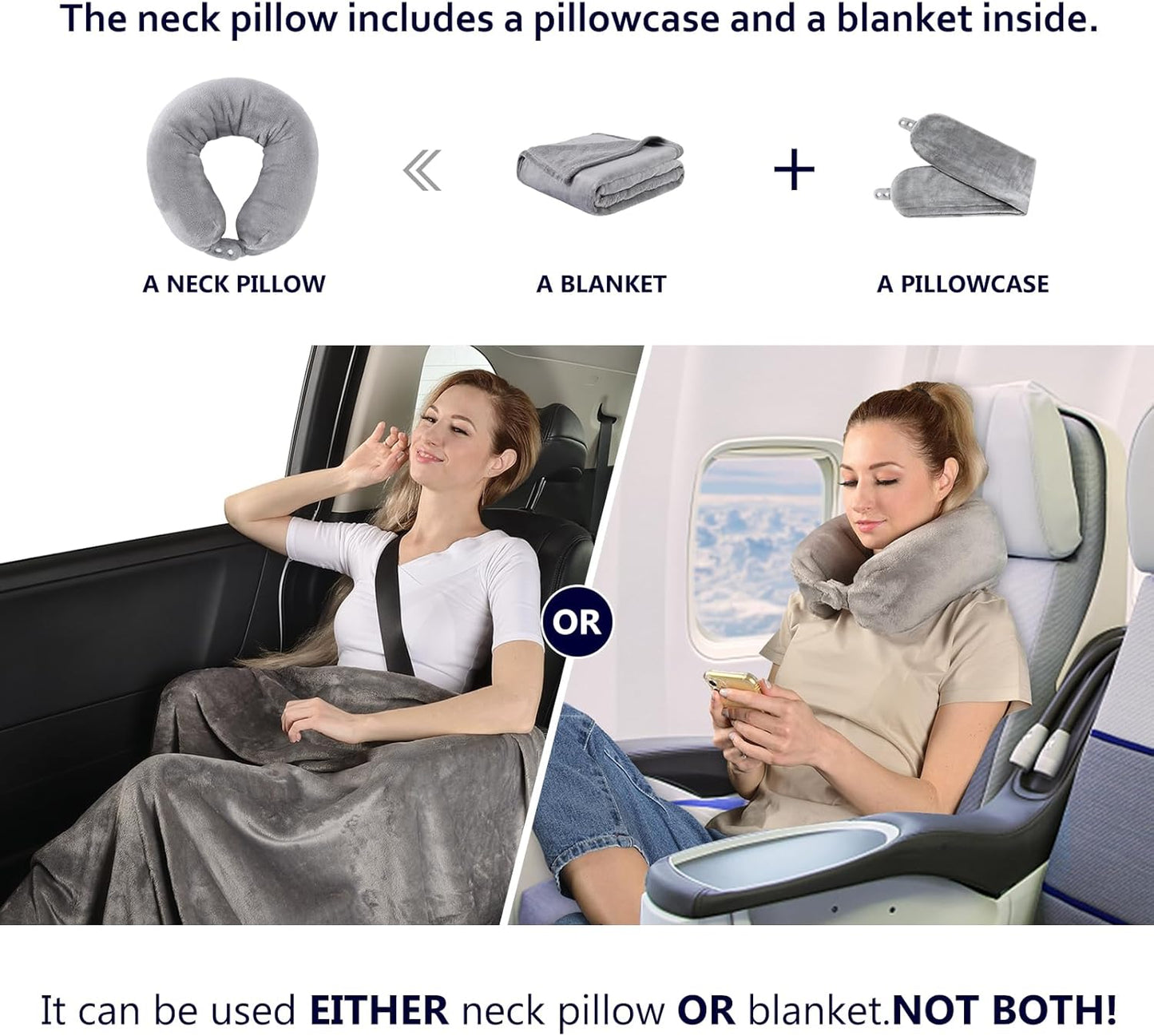 2-in-1 Travel Blanket with Neck Pillow Case (Grey)