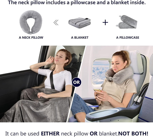 2-in-1 Travel Blanket with Neck Pillow Case (Grey)